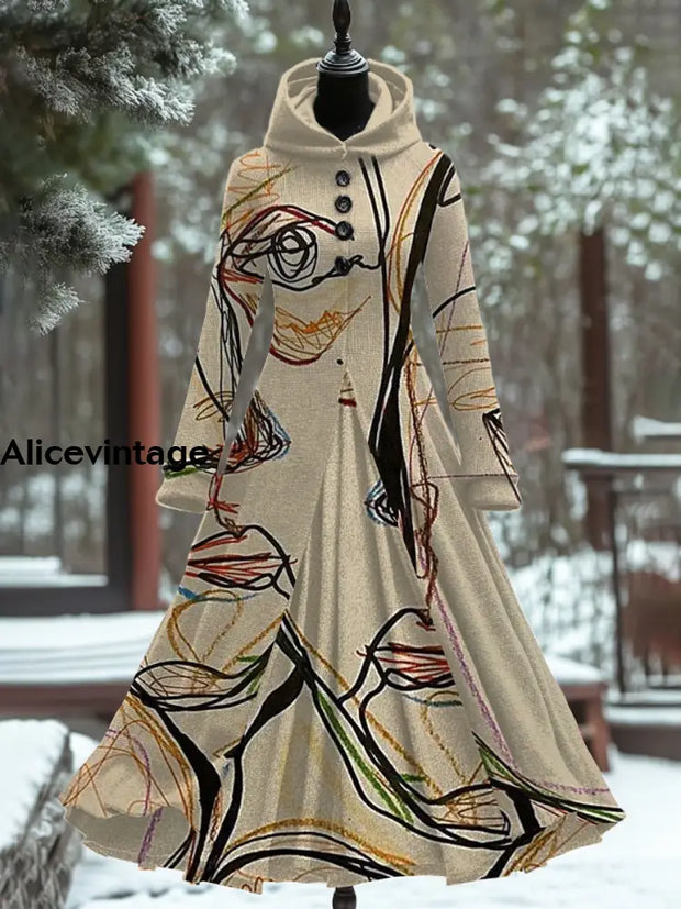 Abstract Art Print Vintage Long Sleeve Maxi Dress Hooded A / S