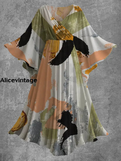 Abstract Color Art Print Bat Sleeve V-Neck Chic Flowy Maxi Dress A / S