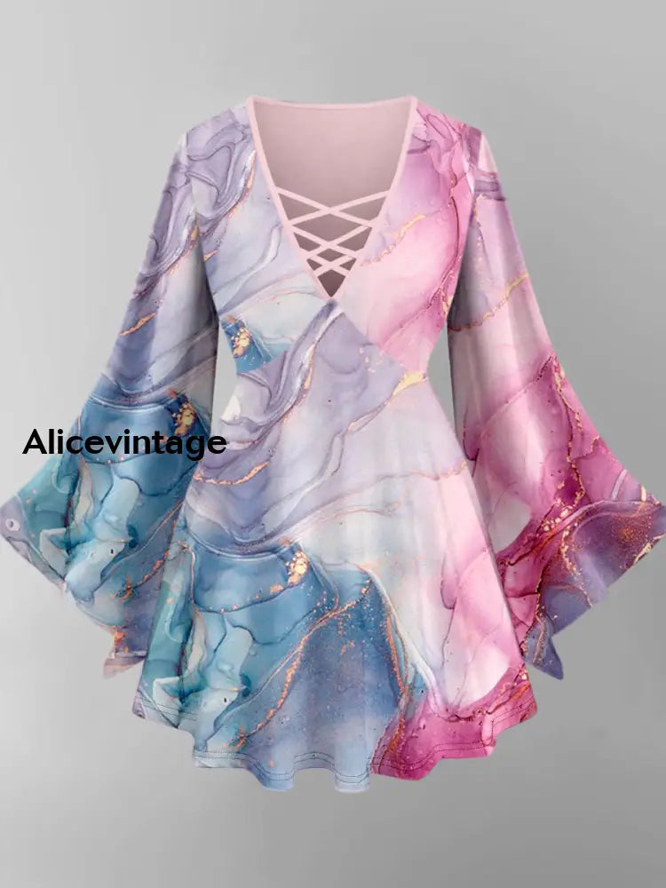 Abstract Color Art Print V-Neck Long Sleeve Top A / XS