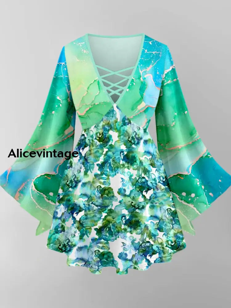 Abstract Color Art Print V-Neck Long Sleeve Top A / XS