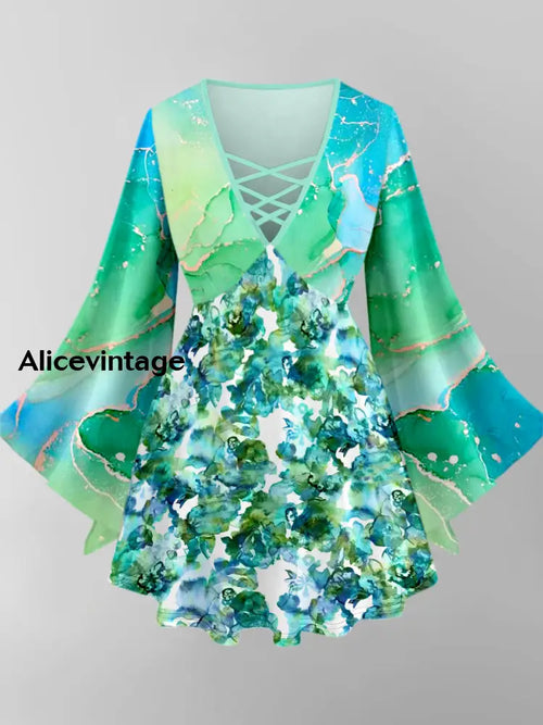 Abstract Color Art Print V-Neck Long Sleeve Top A / XS