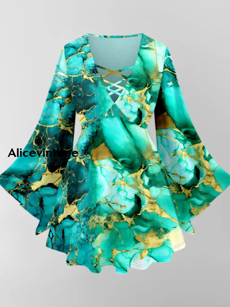 Abstract Color Art Print V-Neck Long Sleeve Top A / XS