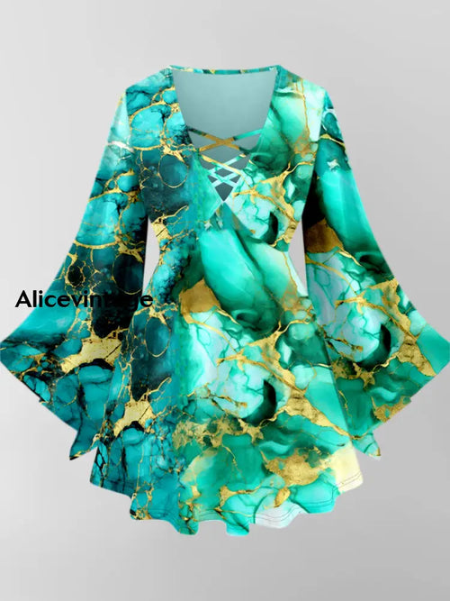 Abstract Color Art Print V-Neck Long Sleeve Top A / XS