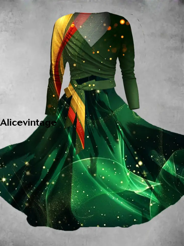 Abstract Color Art Print Vintage V-Neck Long Sleeve Two-Piece Midi Dress A / S