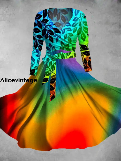 Abstract Color Art Print Vintage V-Neck Long Sleeve Two-Piece Midi Dress A / S