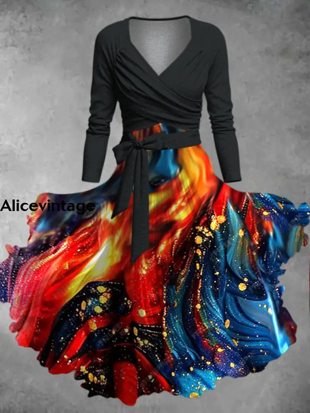 Abstract Color Art Print Vintage V-Neck Long Sleeve Two-Piece Midi Dress A / S