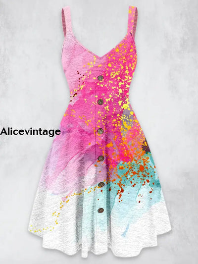 Abstract Color Art Printed Vintage V-Neck Strap Sleeveless Button Trim Midi Dress A / S