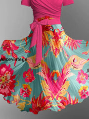 Abstract Color Floral Printed Vintage Cross Fold Short Sleeve Two-Piece Midi Dress