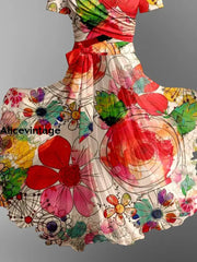 Abstract Color Floral Printed Vintage Cross Fold Short Sleeve Two-Piece Midi Dress