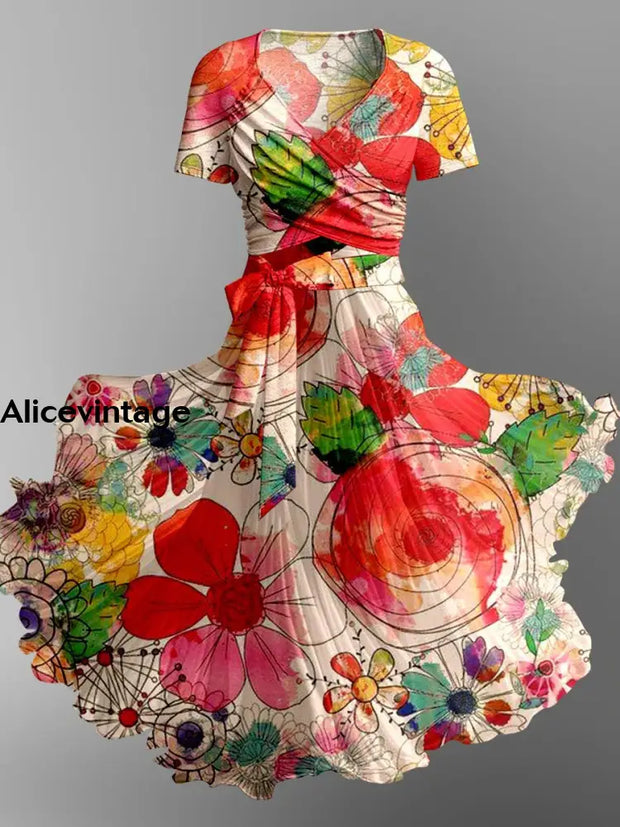 Abstract Color Floral Printed Vintage Cross Fold Short Sleeve Two-Piece Midi Dress A / S