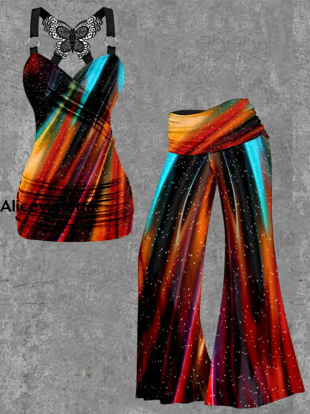 Abstract Color Print Tank Top Yoga Pants Vintage Two-Piece Sets A / S