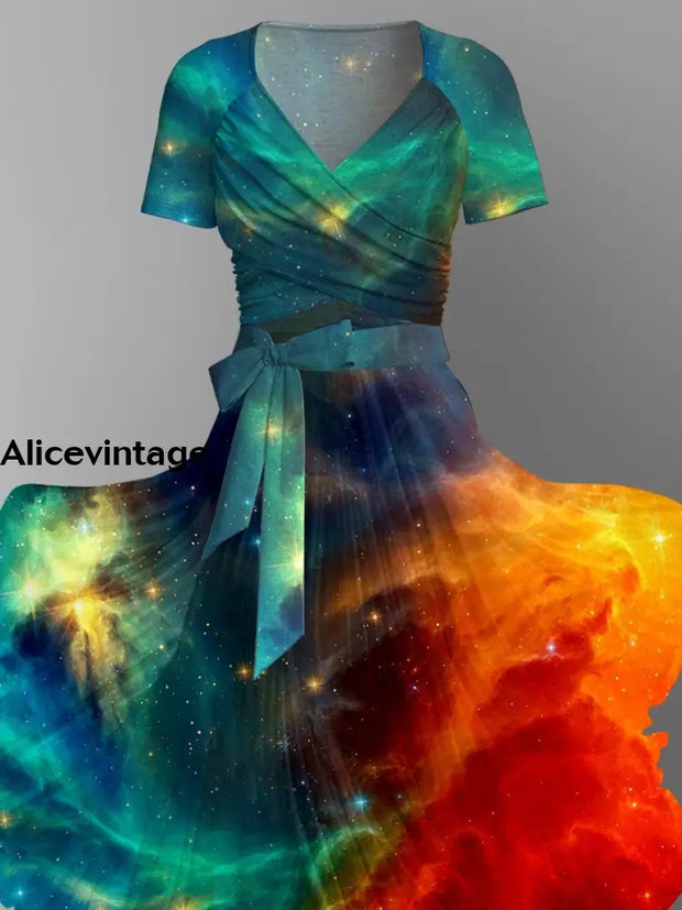 Abstract Color Print V-Neck Short Sleeve Two Piece Dress