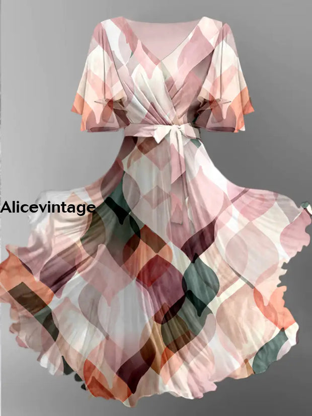 Abstract Color Print V-Neck Vintage Chic Short Sleeve Midi Dress A / S