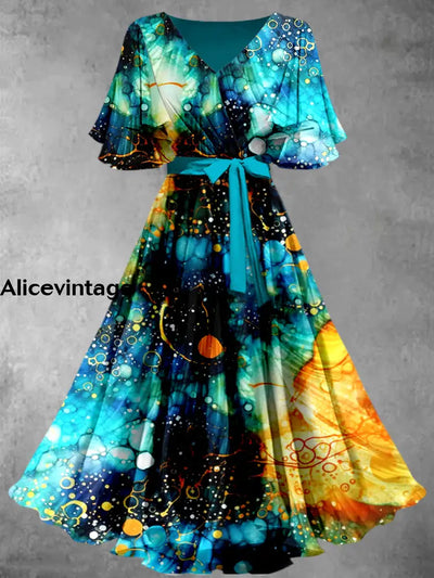 Abstract Color Print V-Neck Vintage Chic Short Sleeve Midi Dress A / S