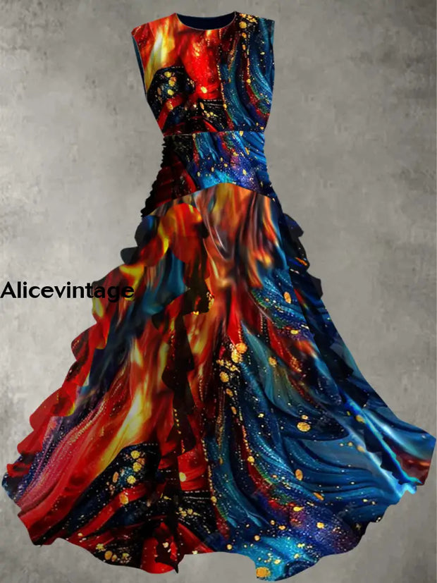 Abstract Color Print Vintage Elegant Chic Sleeveless Maxi Dress A / S