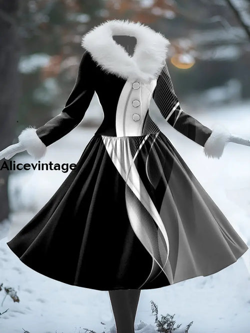 Abstract Color Print Vintage Elegant Fur Collar Long Sleeve Midi Dress A / S