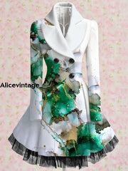 Abstract Color Print Vintage Elegant Lapel Button Up Long Sleeve Coat Dress