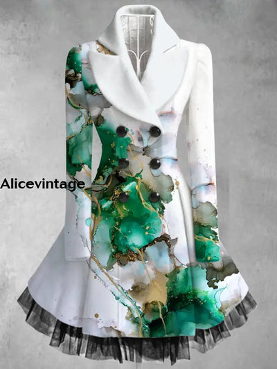 Abstract Color Print Vintage Elegant Lapel Button Up Long Sleeve Coat Dress