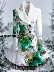 Abstract Color Print Vintage Elegant Lapel Button Up Long Sleeve Coat Dress A / S