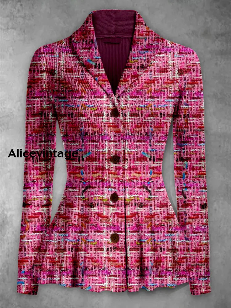 Abstract Color Print Vintage Elegant Lapel V-Neck Button Up Long Sleeve Top A / S