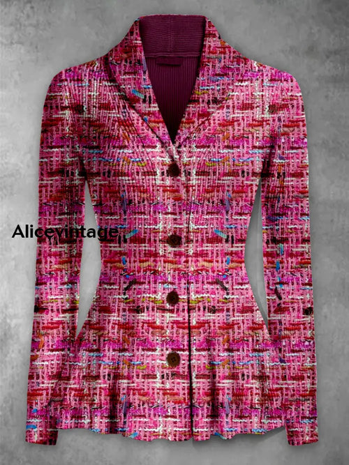 Abstract Color Print Vintage Elegant Lapel V-Neck Button Up Long Sleeve Top A / S