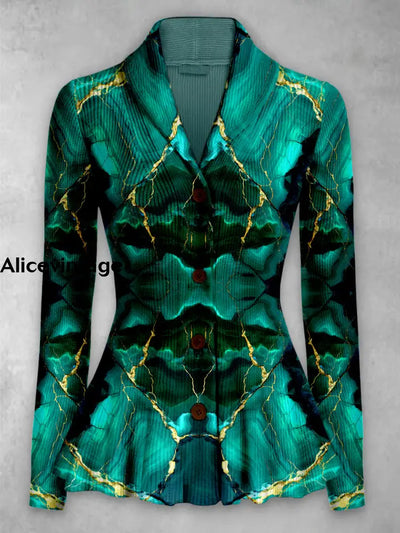 Abstract Color Print Vintage Elegant Lapel V-Neck Button Up Long Sleeve Top A / S