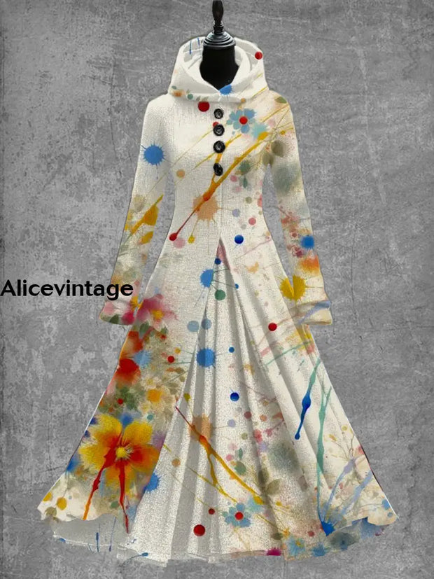 Abstract Color Print Vintage Elegant Long Sleeve Maxi Dress