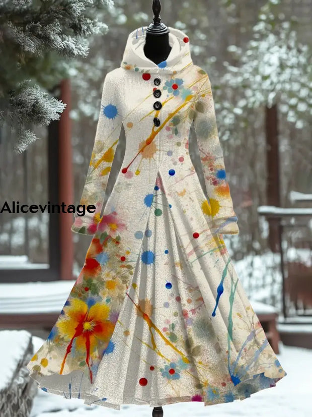 Abstract Color Print Vintage Elegant Long Sleeve Maxi Dress A / S