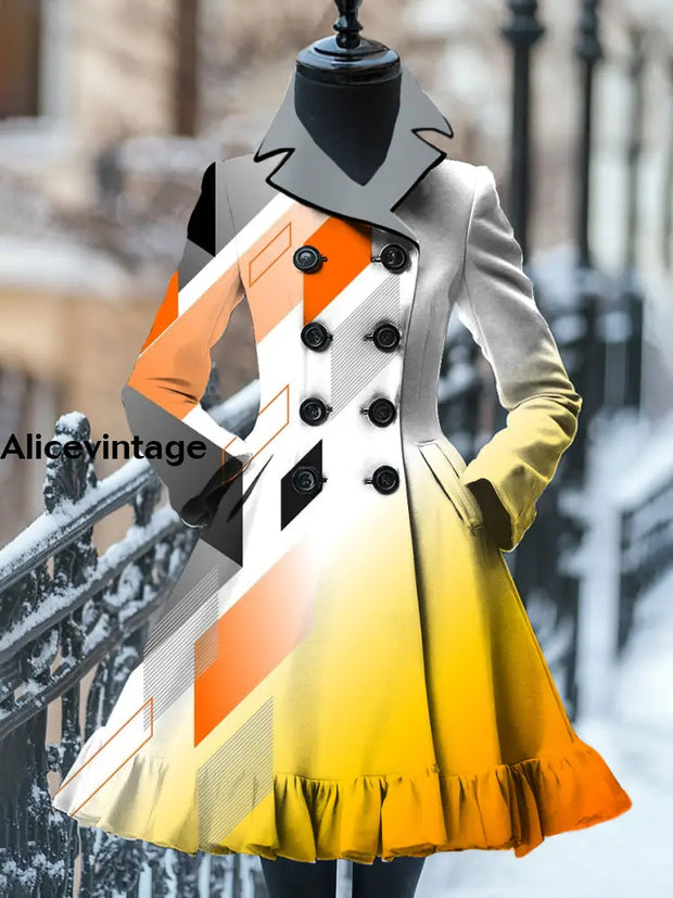 Abstract Color Print Vintage Elegant Stand-Up Collar Long Sleeve Coat Dress A / S