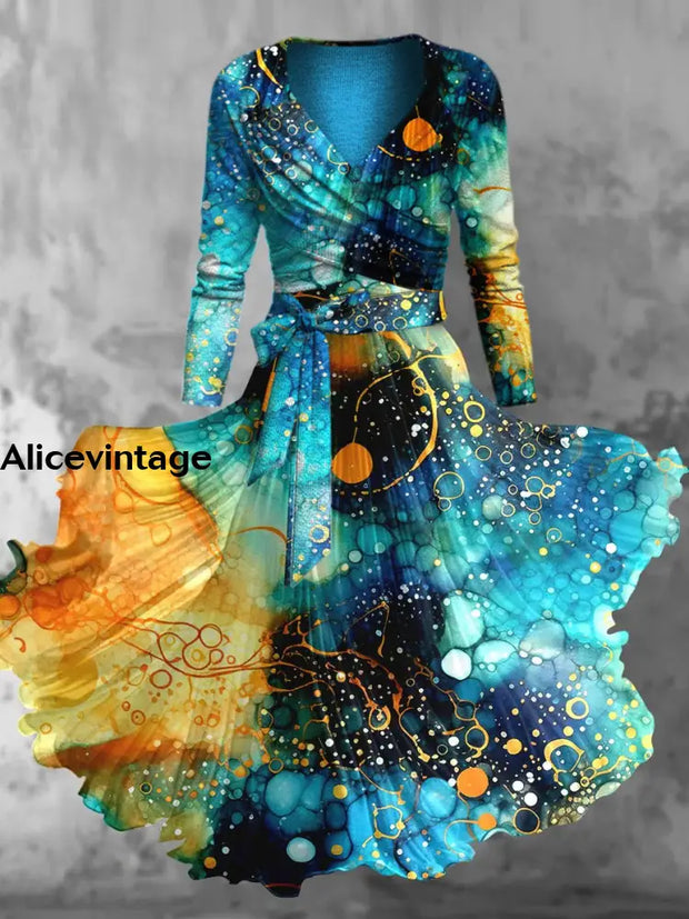 Abstract Color Print Vintage V-Neck Long Sleeve Two-Piece Midi Dress A / S