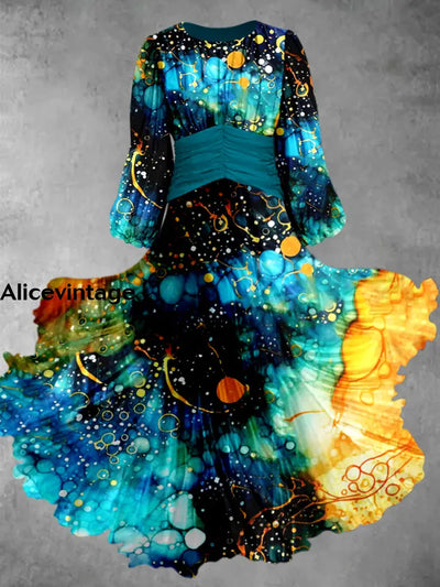 Abstract Color Print Vntage Elegant Round Neck Long Sleeve Midi Dress A / S