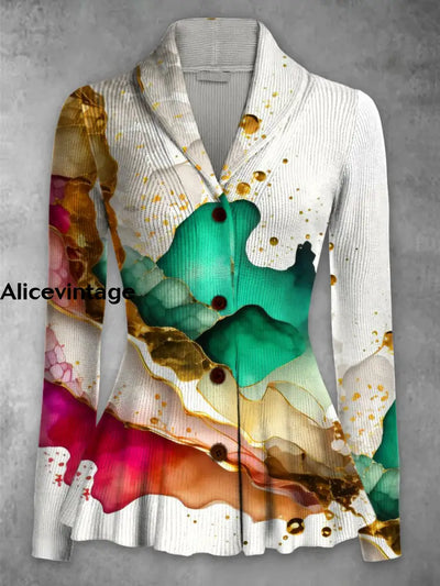 Abstract Color Printed Elegant Lapel V-Neck Button Up Texture Long-Sleeved Top A / S