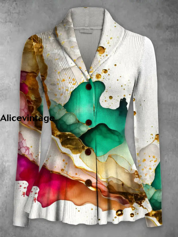 Abstract Color Printed Elegant Lapel V-Neck Button Up Texture Long-Sleeved Top A / S