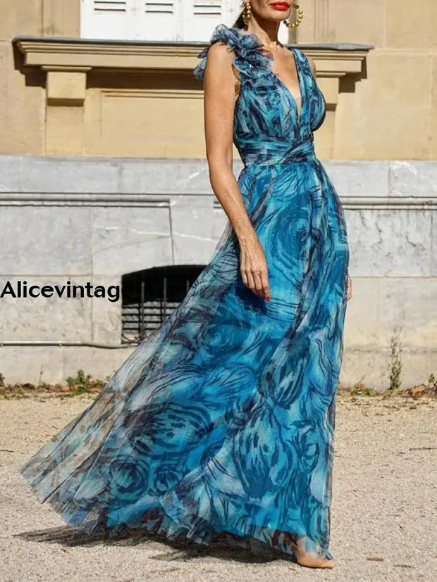 Abstract Color Printed V-Neck Elegant Chic Belt Sleeveless Maxi Dress Peacock Blue / S