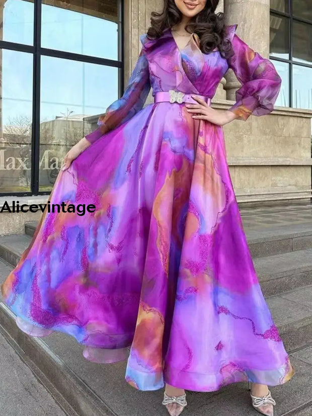 Abstract Color Printed V-Neck Elegant Chic Crystal Belt Long Sleeve Maxi Dress