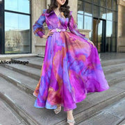 Abstract Color Printed V-Neck Elegant Chic Crystal Belt Long Sleeve Maxi Dress Purple / S