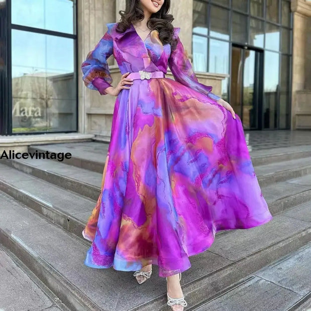 Abstract Color Printed V-Neck Elegant Chic Crystal Belt Long Sleeve Maxi Dress Purple / S