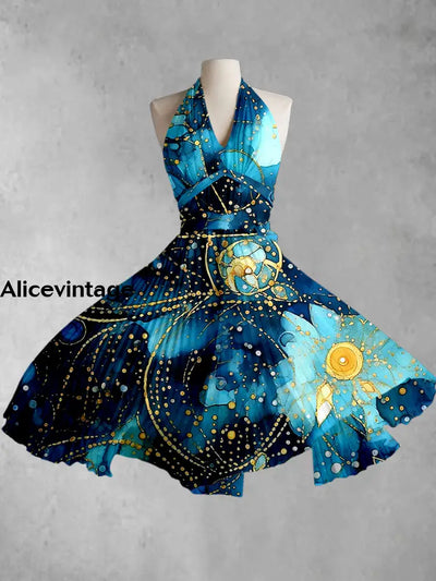 Abstract Color Printed V-Neck Halter Cross Strap Vintage Fashion Midi Dress A / S