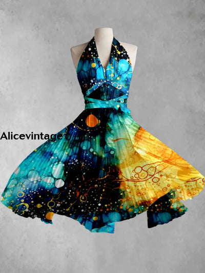 Abstract Color Printed V-Neck Halter Cross Strap Vintage Fashion Midi Dress A / S