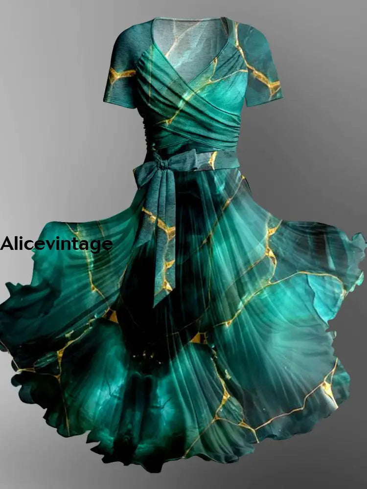 Abstract Color Printed Vintage Cross Fold Short Sleeve Two-Piece Midi Dress A / S