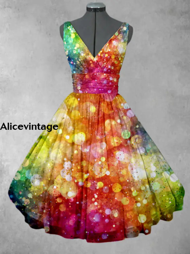 Abstract Colorful Glitter Print V-Neck 50’S Vintage Fashion Sleeveless Midi Dress A / S