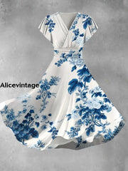 Abstract Floral Art Print Vintage V-Neck Short-Sleeve Flowy Midi Dress