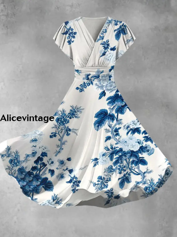 Abstract Floral Art Print Vintage V-Neck Short-Sleeve Flowy Midi Dress A / S