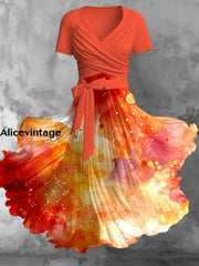 Abstract Gradient Marble Art Print Vintage Short Sleeve Two-Piece Flowy Midi Dress