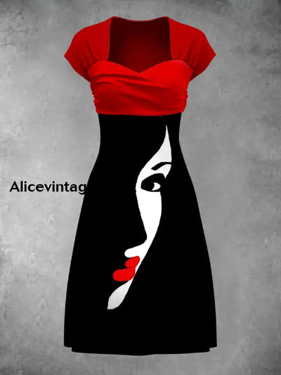 Abstract Human Face Art Print Short Sleeve Vintage Dress A / S