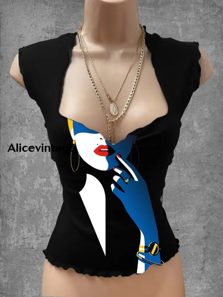 Abstract Human Face Art Print V-Neck Casual Top A / S