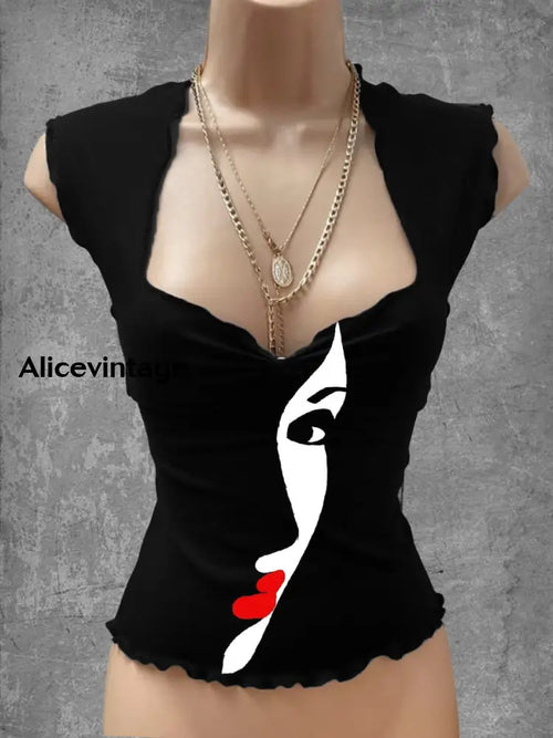 Abstract Human Face Art Print V-Neck Casual Top A / S
