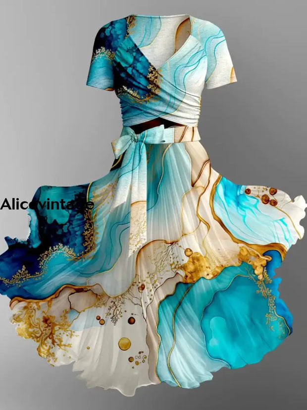 Abstract Light Art Print Vintage Cross Fold Short Sleeve Two Piece Midi Dress A / S