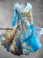 Abstract Marble Art Print Retro Long Sleeve Two Piece Midi Dress A / S