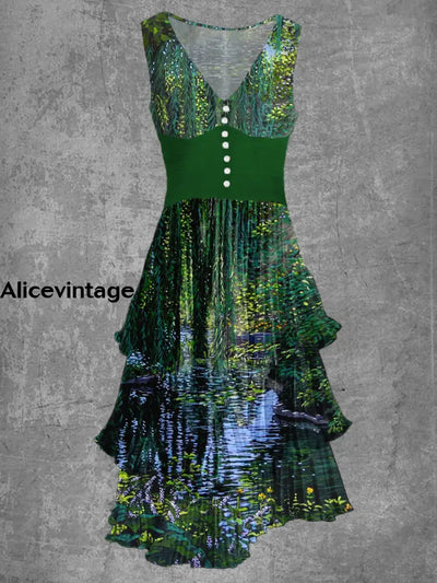 Abstract Nature Art Print Sleeveless V Neck Button Up Retro Midi Dress A / S